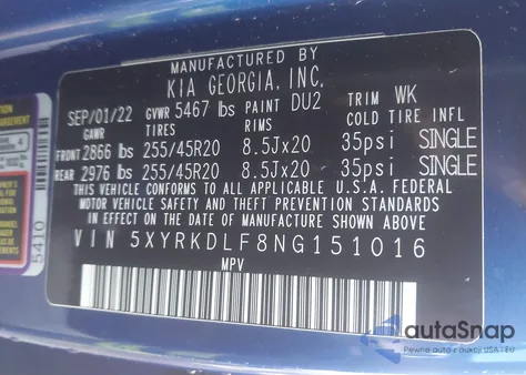 2022 Kia Sorento Sx z USA, uszkodzony, nr VIN 5XYRKDLF8NG151016